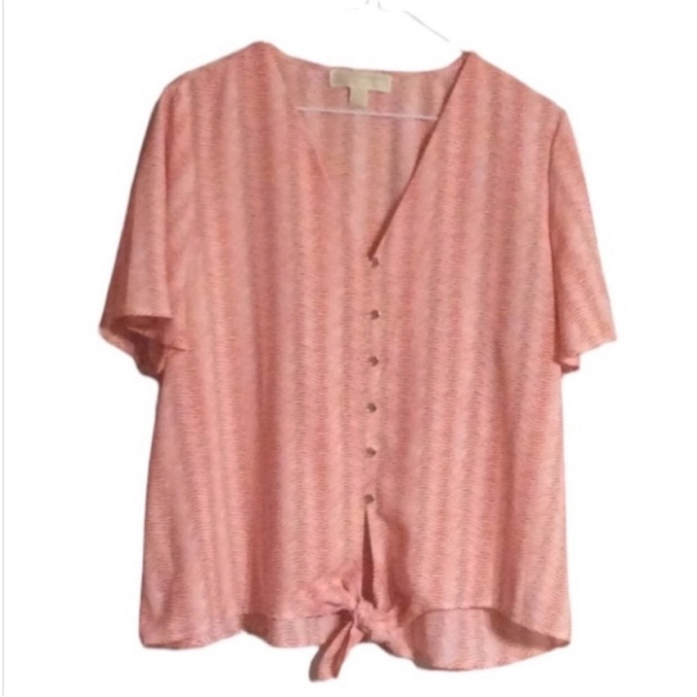 MICHAEL Michael KORS Button Down Short Sleeve FRONT Tie V-Neck SHIRT Size LARGE